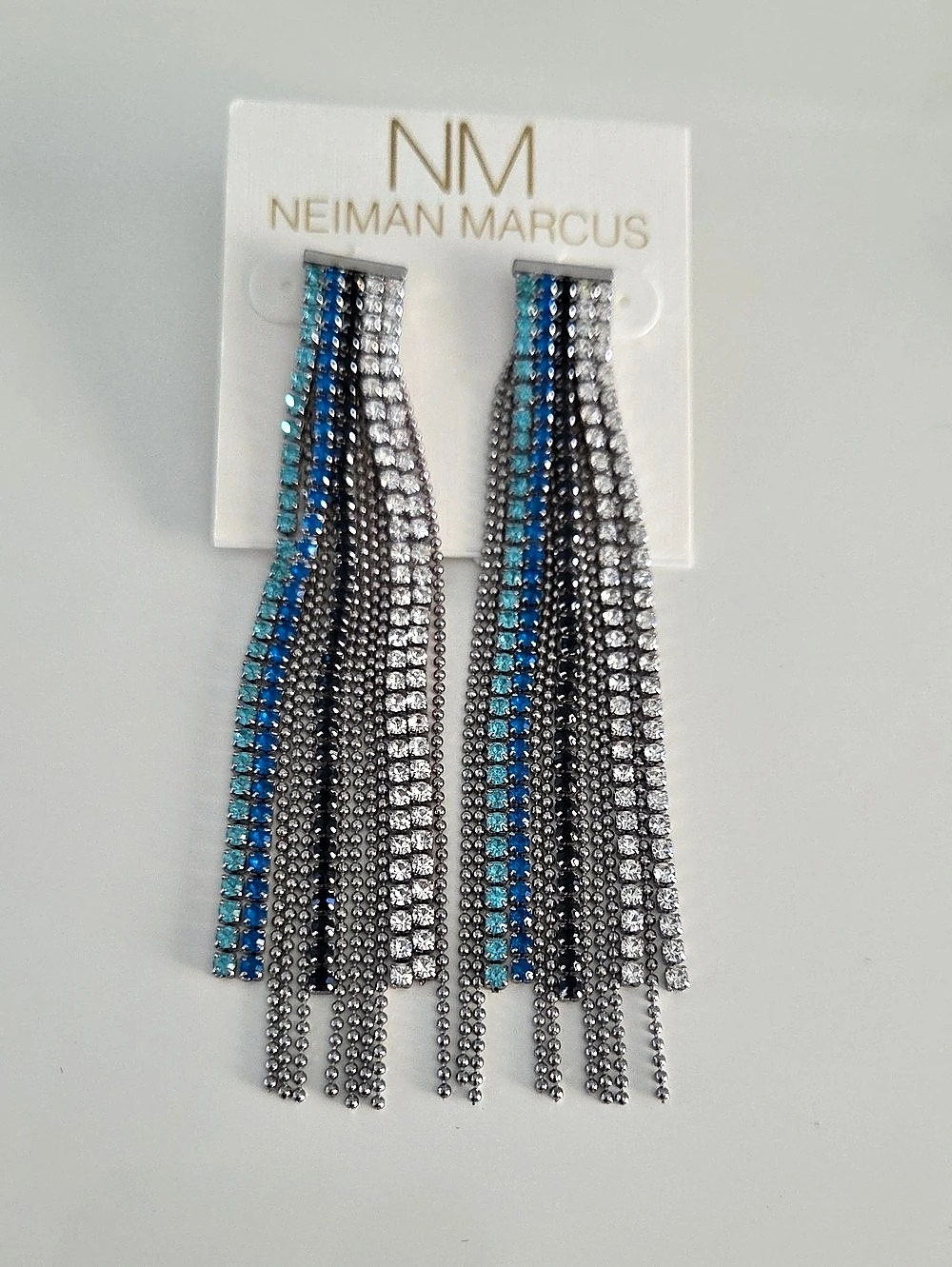 Neiman Marcus Crystal Fringe Drop Earrings in Silver & Blue NWT